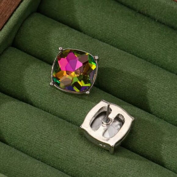 NEW Kate Aurora Borealis Crystal Large Stud Earrings Purple & Green - Picture 3 of 4